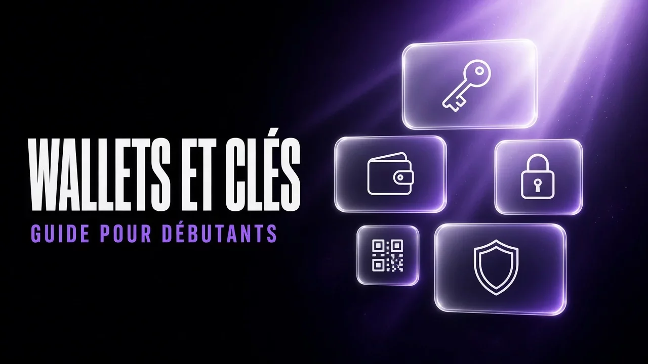 Panneaux de verre violets et noirs avec clé, portefeuille et cadenas, titre Wallets et clés