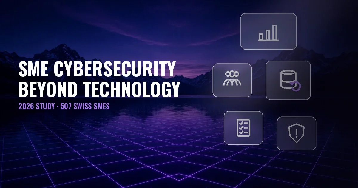 Night landscape with a lake, mountains and a violet grid, glass panels with chart, people, backup, checklist and shield icons, and the title SME cybersecurity 2026, beyond technology