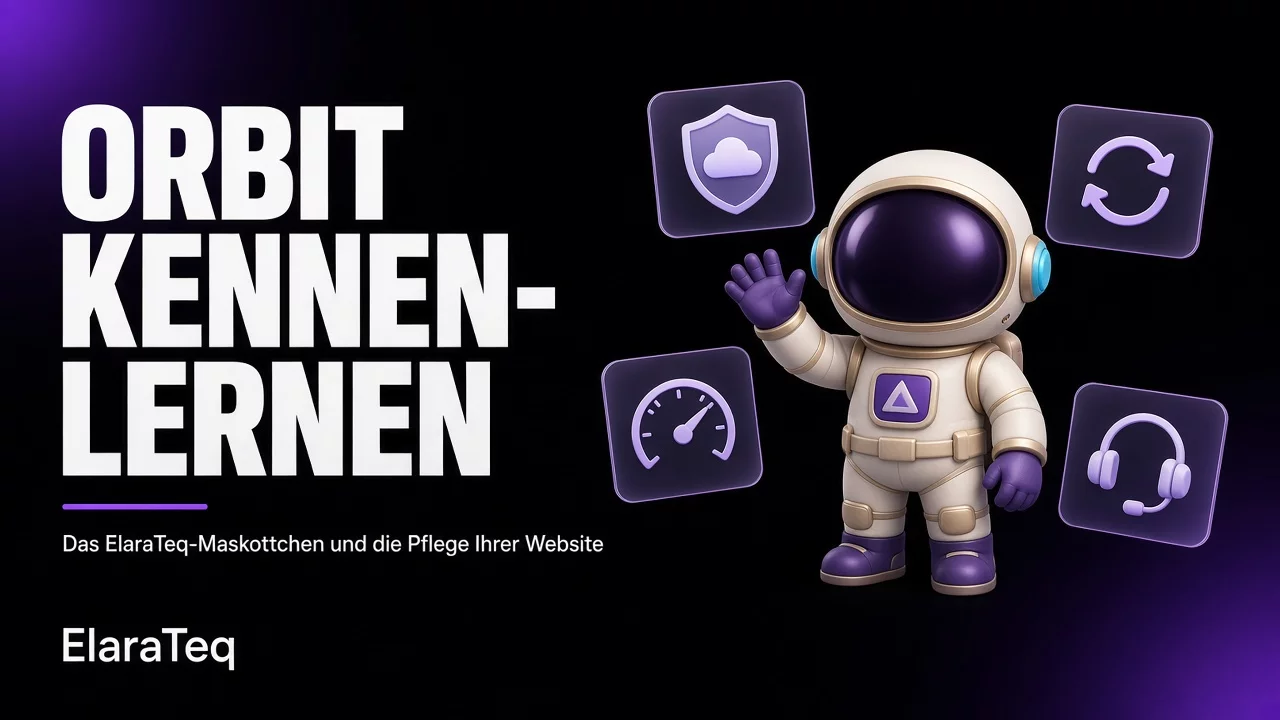 Orbit, Chibi-Astronaut und Maskottchen von ElaraTeq, auf violetten und schwarzen Glaspaneelen