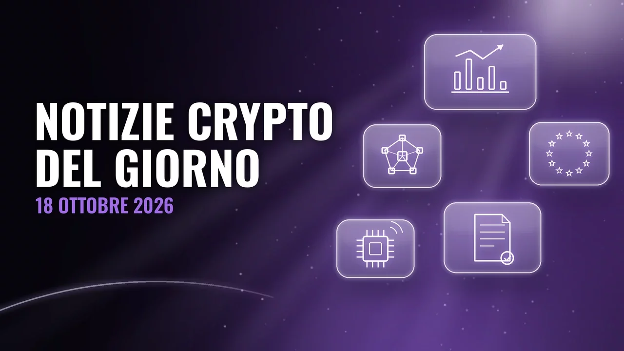 Pannelli di vetro su sfondo nero e viola con icone di grafico a barre, chip elettronico, rete di nodi, documento normativo e stelle europee, titolo Notizie crypto del giorno, 18 ottobre 2026