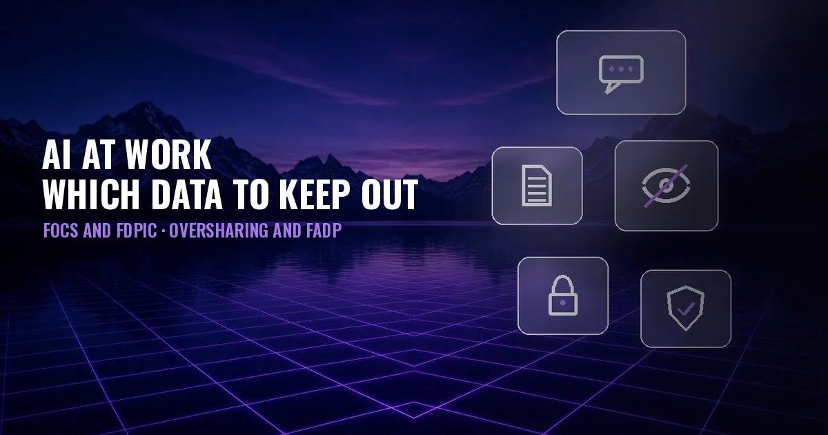 Cover: night lake between mountains with a violet grid and glass panels showing chat, document, crossed-out eye, padlock and shield icons; title «AI at work: which data to keep out».