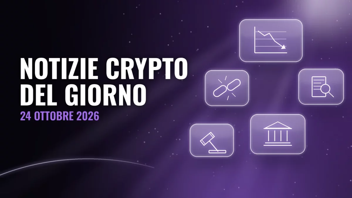 Pannelli di vetro su sfondo nero e viola con icone di grafico a linee in calo, lente su documento, catena spezzata, edificio istituzionale e martelletto da giudice, titolo Notizie crypto del giorno, 24 ottobre 2026