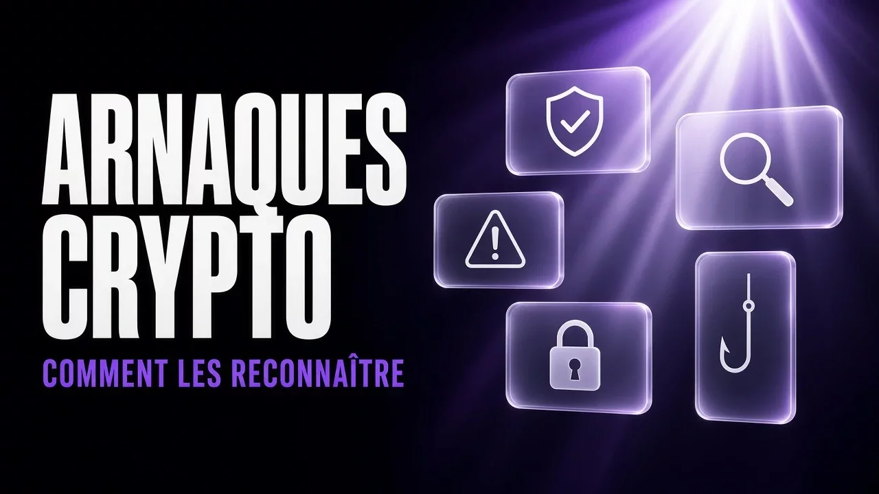 Panneaux de verre violets et noirs avec bouclier et loupe, titre Arnaques crypto