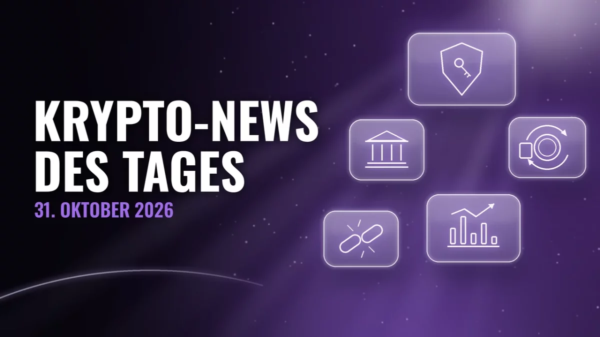 Glaspaneele auf schwarz-violettem Hintergrund mit Symbolen für Schild mit Schlüssel, Münze, Bank, Kette und Balkendiagramm, Titel Krypto-News des Tages, 31. Oktober 2026
