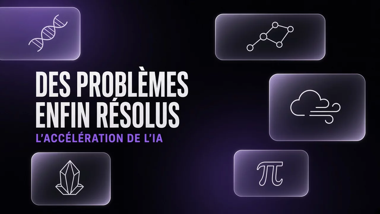 Panneaux de verre sur fond noir et violet avec icônes de protéine, molécule, vent, cristal et pi, et le titre « Des problèmes enfin résolus »