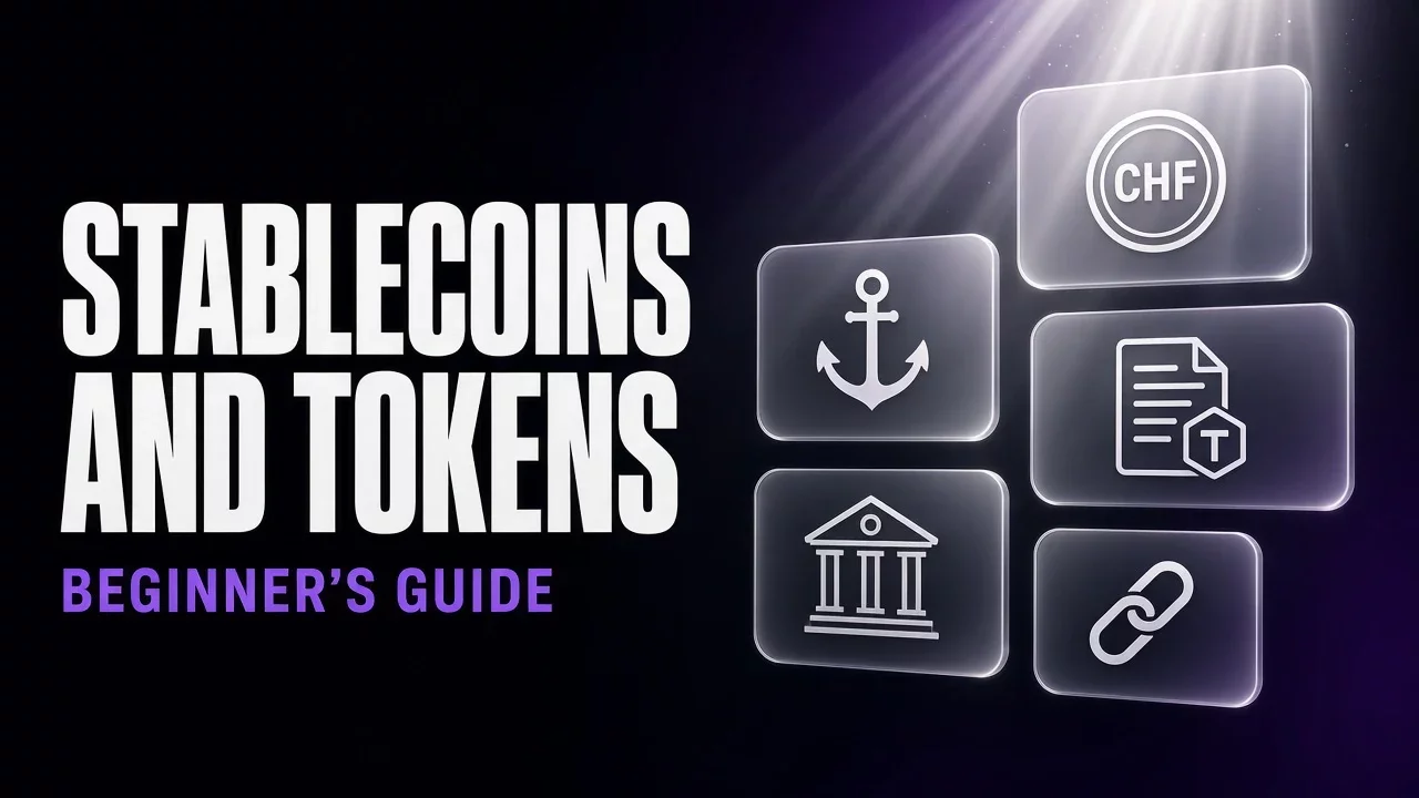 Purple and black glass panels with a stylised coin and a document, title Stablecoins and tokens