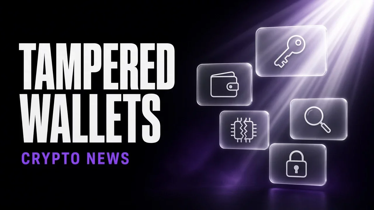 Purple and black glass panels with a key and a cracked chip, title Tampered wallets