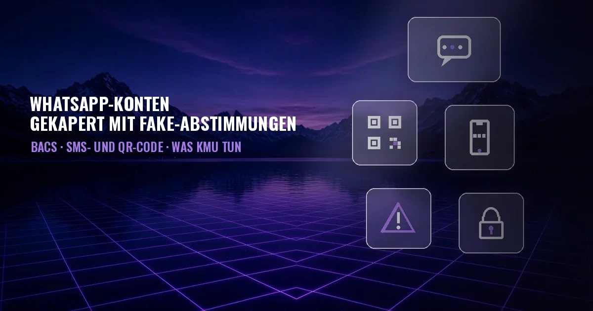 Titelbild: nächtlicher Bergsee mit violettem Raster und Glaspaneelen mit Symbolen für Chat, QR-Code, Smartphone, Warnung und Schloss; Titel WhatsApp-Konten gekapert mit Fake-Abstimmungen