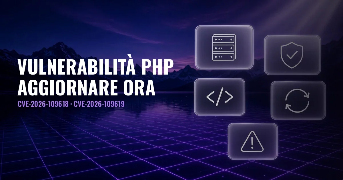 Paesaggio notturno con lago, montagne e griglia viola, pannelli in vetro con icone di server, scudo, codice, aggiornamento e avviso, e il titolo Vulnerabilità PHP, aggiornare ora