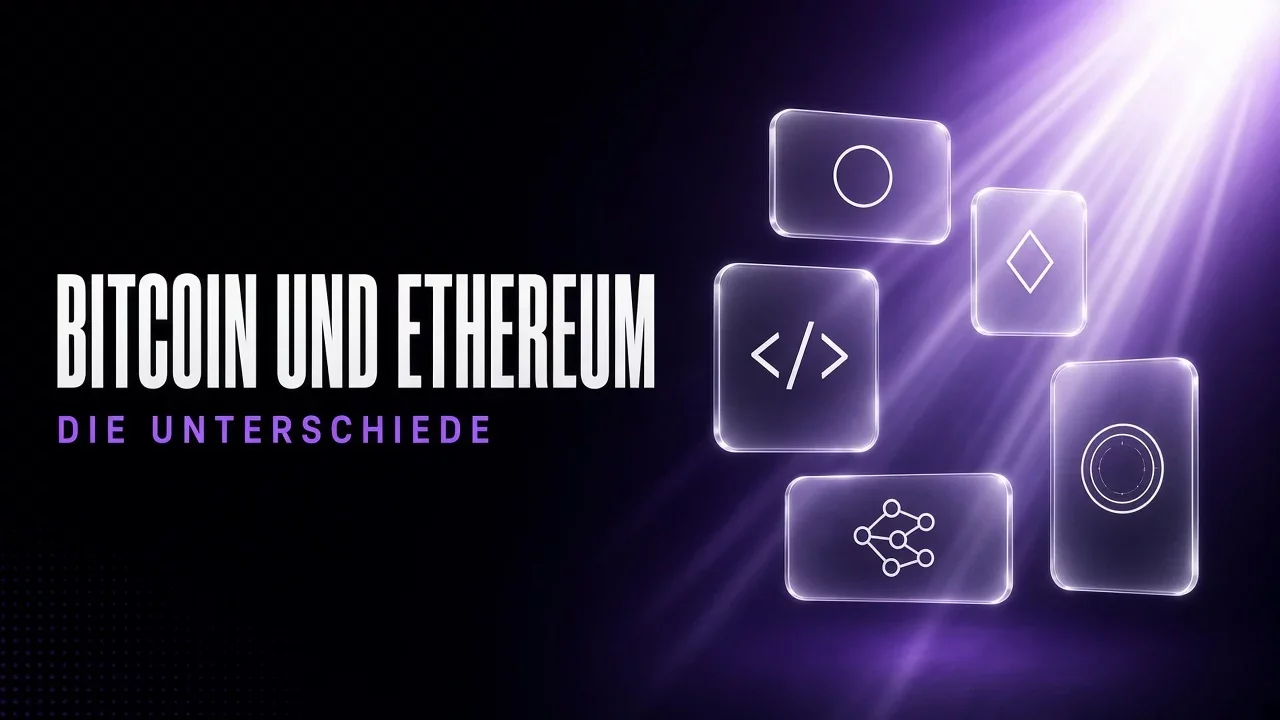 Violette und schwarze Glaspaneele mit zwei verbundenen geometrischen Formen, Titel Bitcoin und Ethereum