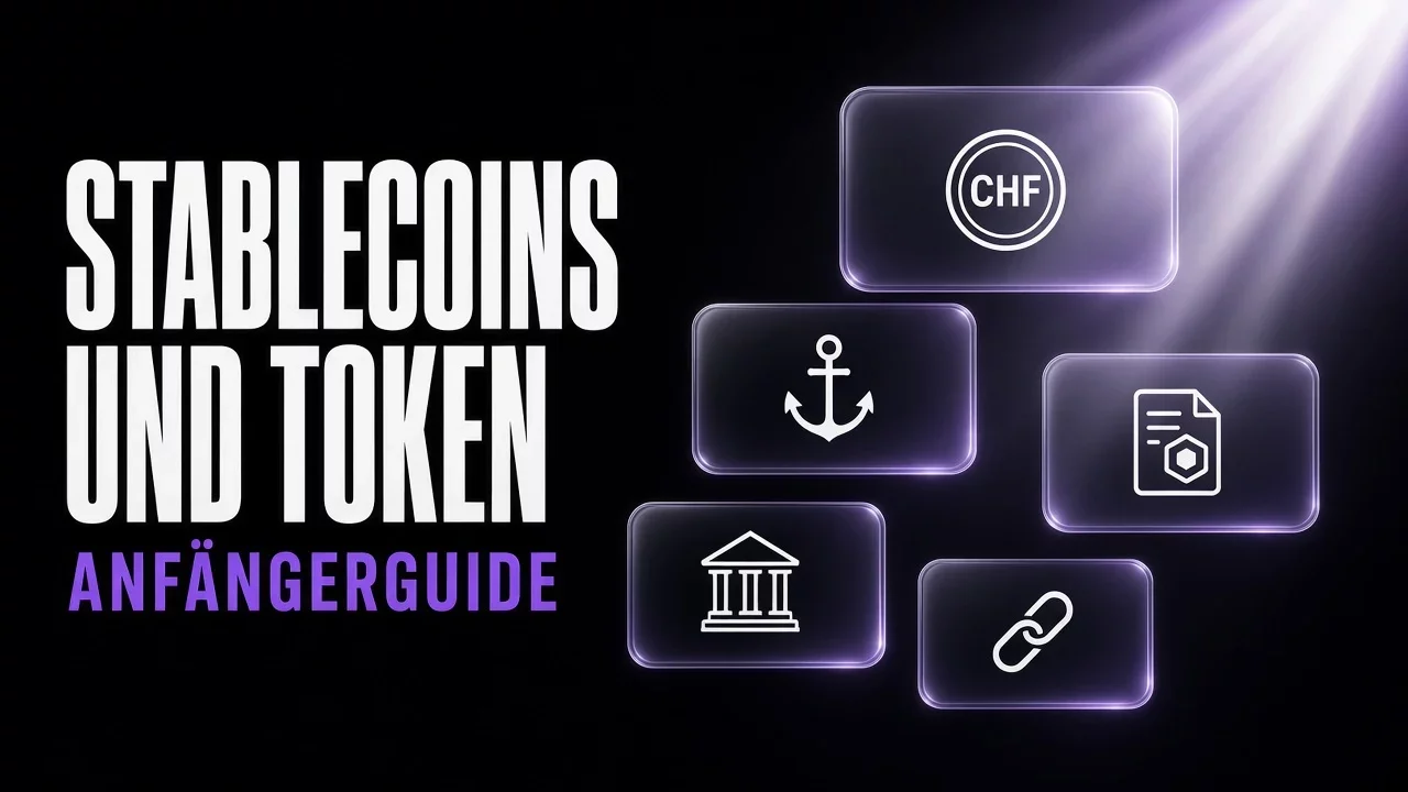 Violette und schwarze Glaspaneele mit stilisierter Münze und Dokument, Titel Stablecoins und Token