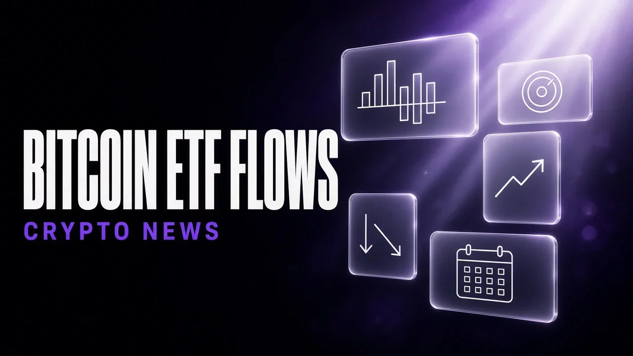 Purple and black glass panels with a bar chart of flows, title Bitcoin ETF flows