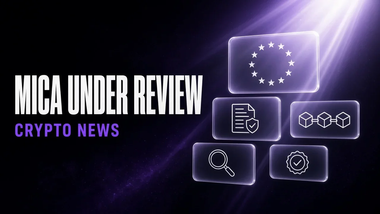 Purple and black glass panels with European stars and a document, title MiCA under review