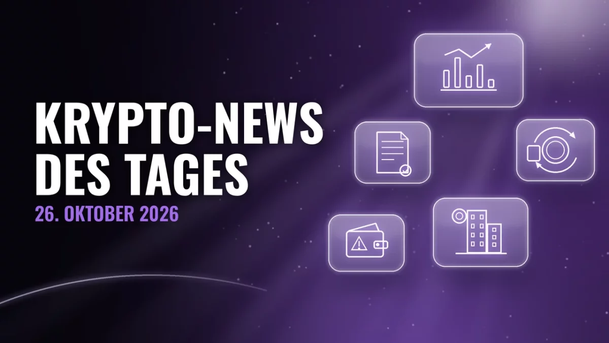 Glaspaneele auf schwarz-violettem Hintergrund mit Symbolen für Balkendiagramm, Münze, Dokument mit Siegel, Gebäude mit Token und Wallet mit Warnzeichen, Titel Krypto-News des Tages, 26. Oktober 2026
