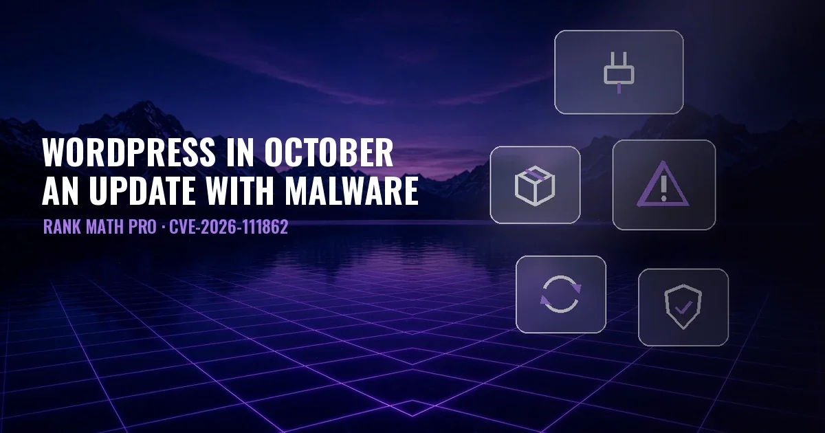 Night landscape with a lake, mountains and a violet grid, glass panels with plugin, package, warning, update and shield icons, and the title WordPress in October, an update with malware, Rank Math PRO, CVE-2026-111862