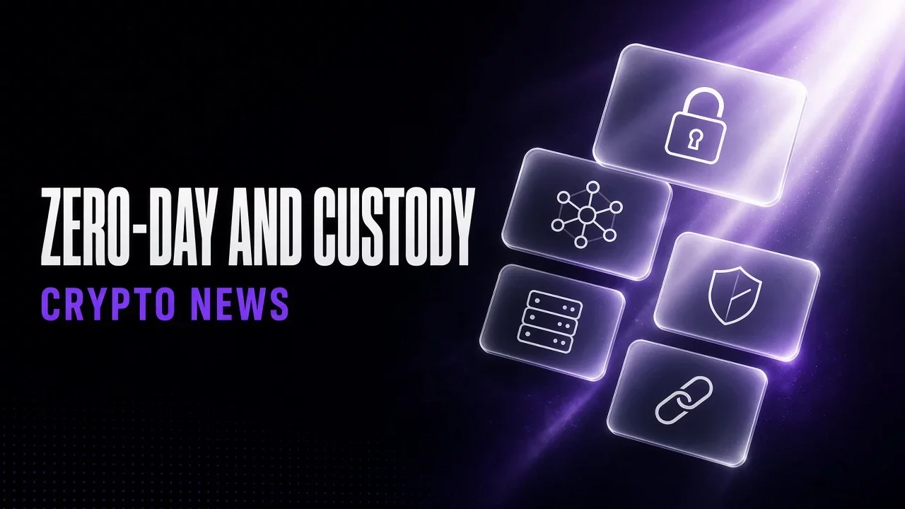 Purple and black glass panels with a padlock and network nodes, title Zero-day and custody