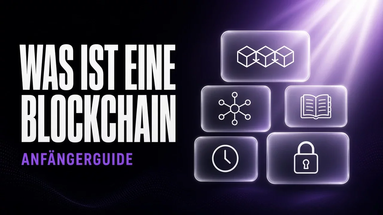 Violette und schwarze Glaspaneele mit verketteten Blöcken, Titel Was ist eine Blockchain