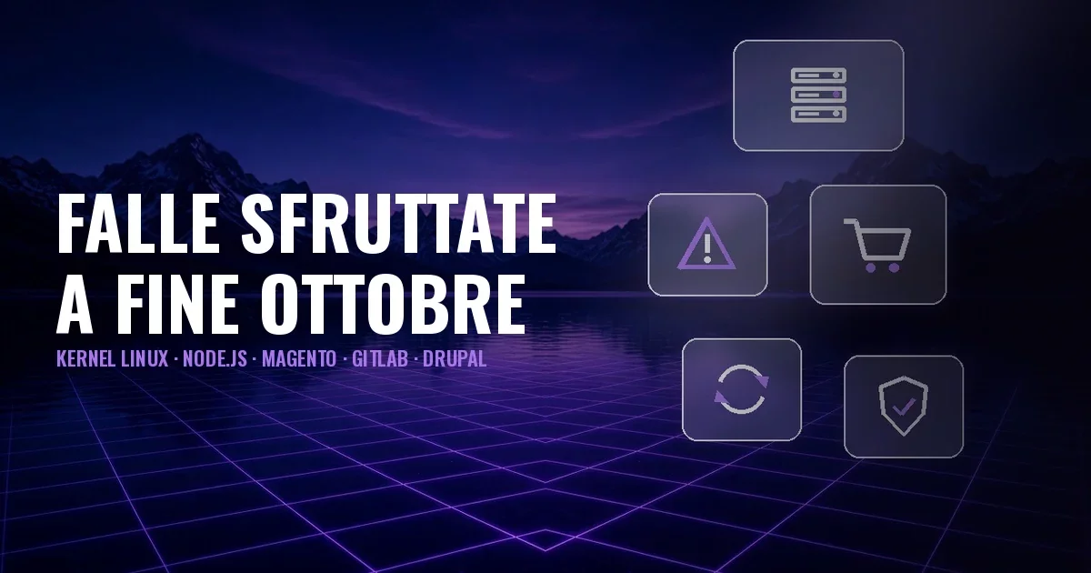Copertina: lago notturno tra le montagne con griglia viola e pannelli in vetro con icone di server, avviso, carrello, aggiornamento e scudo; titolo Falle sfruttate a fine ottobre: kernel Linux, Node.js, Magento, GitLab, Drupal