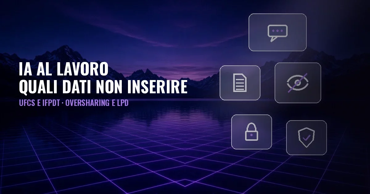 Copertina: lago notturno tra le montagne con griglia viola e pannelli di vetro con icone di chat, documento, occhio barrato, lucchetto e scudo; titolo «IA al lavoro: quali dati non inserire».