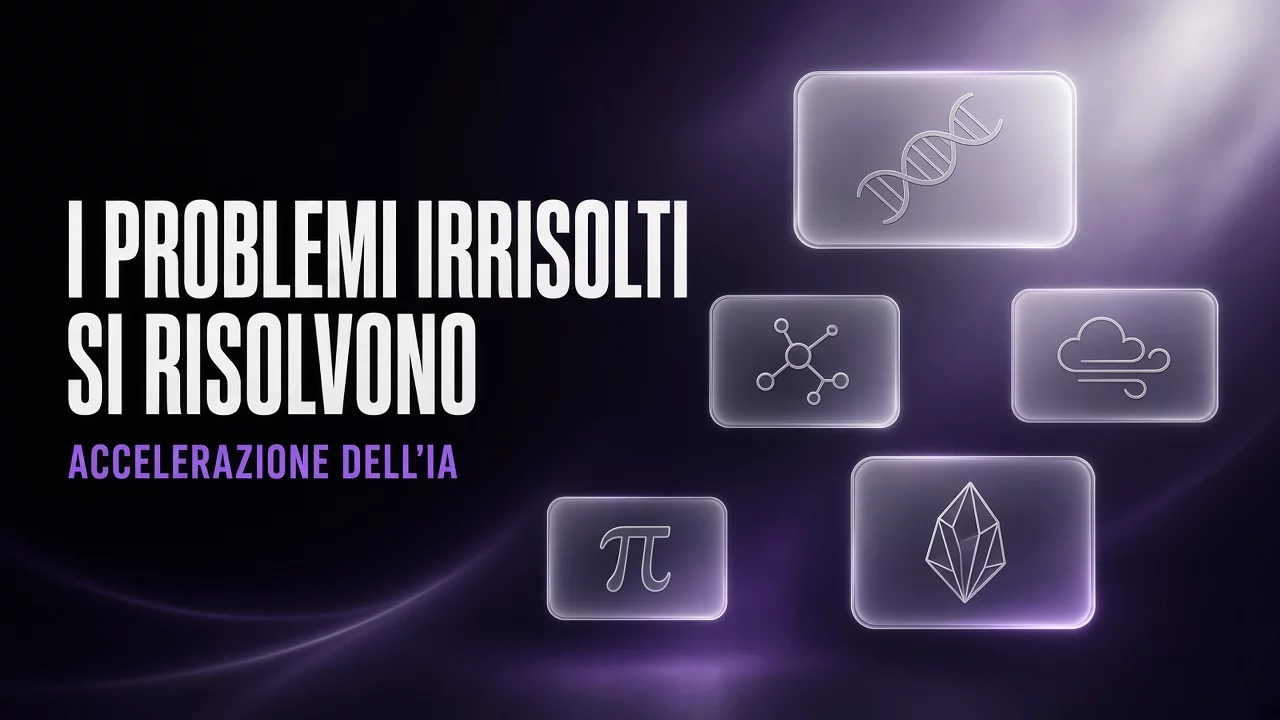 Pannelli di vetro su sfondo nero e viola con icone di proteina, molecola, vento, cristallo e pi greco, e il titolo "I problemi irrisolti si risolvono"