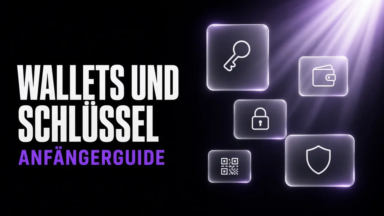Violette und schwarze Glaspaneele mit Schlüssel, Wallet und Vorhängeschloss, Titel Wallets und Schlüssel