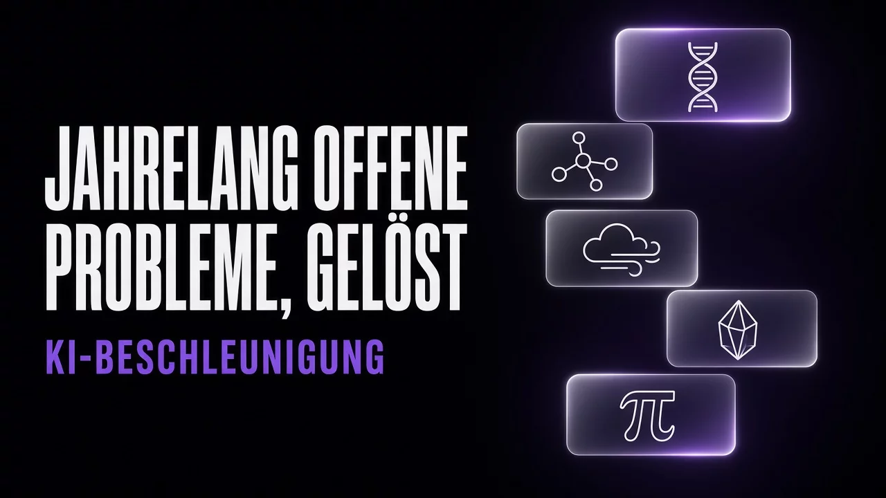 Glaspaneele auf schwarzem und violettem Hintergrund mit Symbolen für Protein, Molekül, Wind, Kristall und Pi sowie dem Titel „Jahrelang offene Probleme, gelöst“