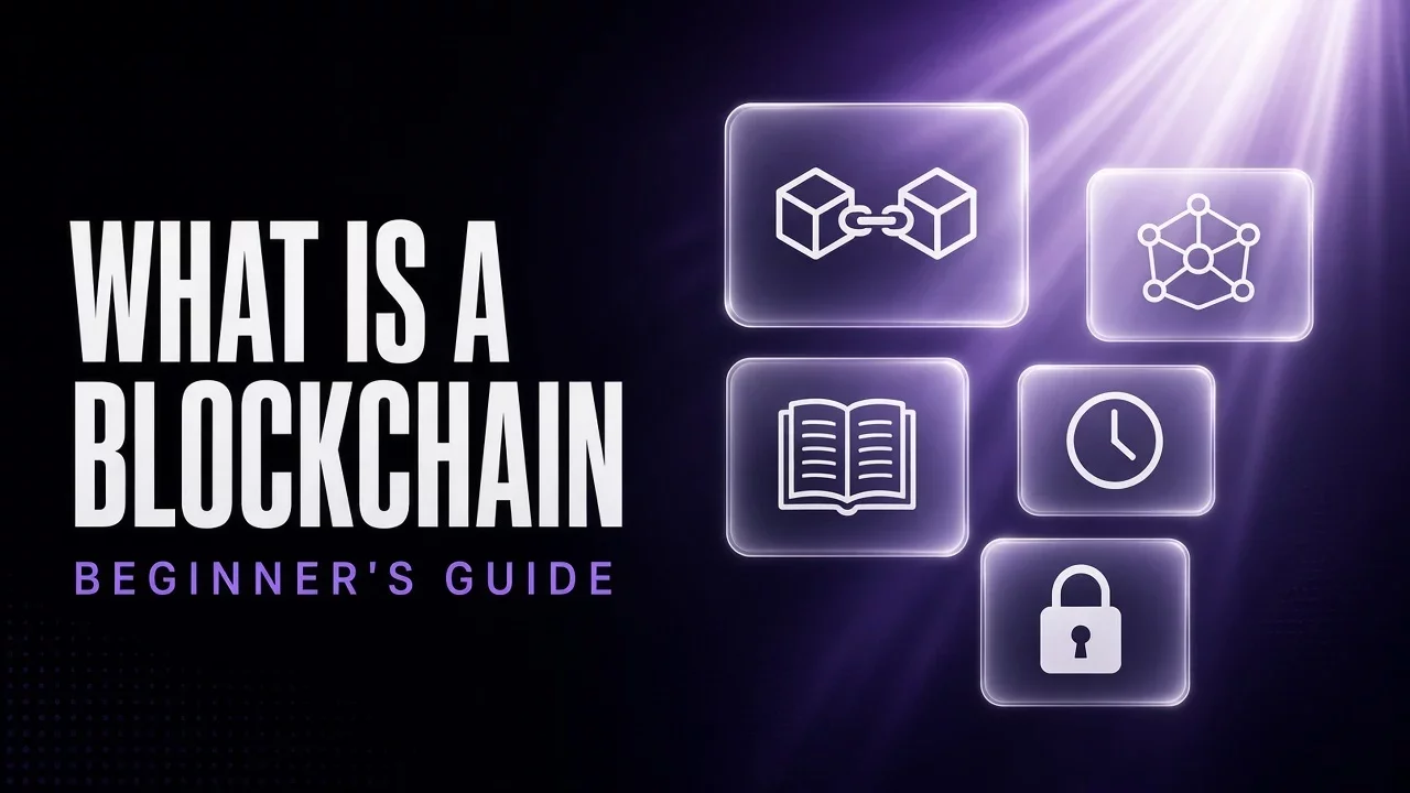 Purple and black glass panels with linked blocks in a chain, title What is a blockchain
