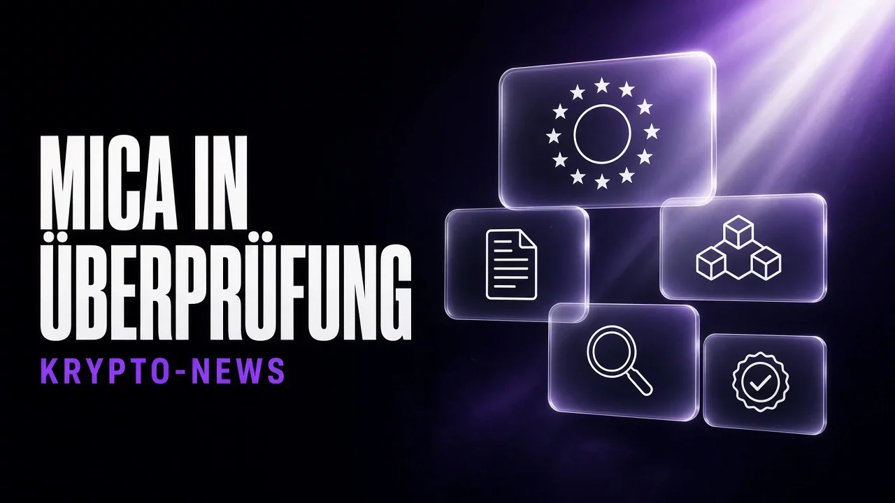 Violette und schwarze Glaspaneele mit europäischen Sternen und Dokument, Titel MiCA in Überprüfung