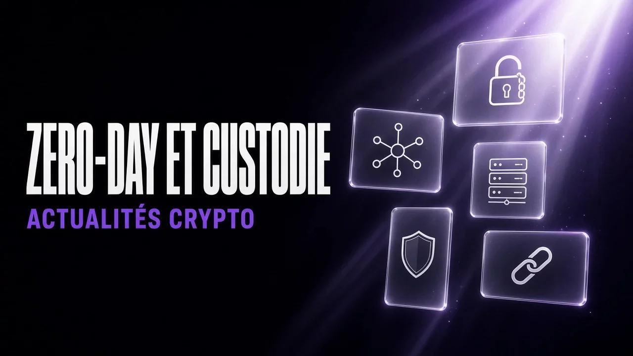 Panneaux de verre violets et noirs avec cadenas et nœuds de réseau, titre Zero-day et custodie