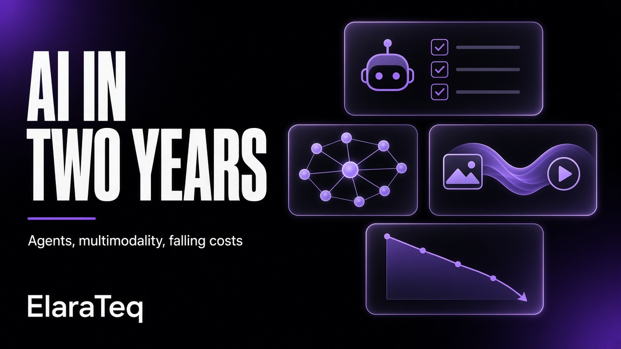 Glass panels with agent, voice, image, video and coin icons on a black and violet background