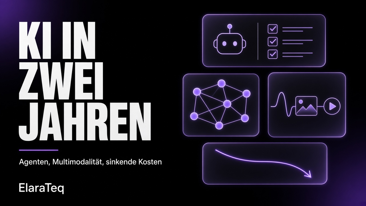 Glaspaneele mit Symbolen für Agent, Stimme, Bild, Video und Münze auf schwarzem und violettem Hintergrund