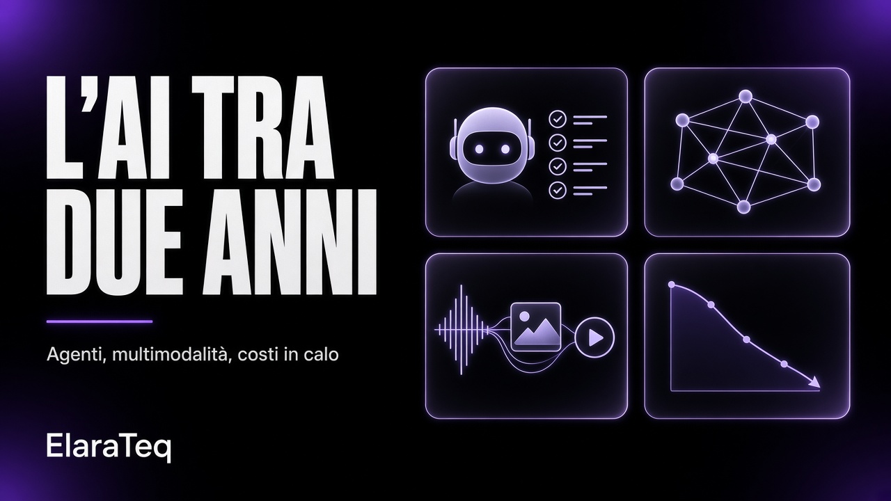 Pannelli di vetro con icone di agente, voce, immagine, video e moneta su sfondo nero e viola