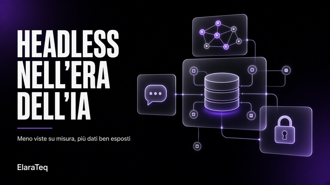 Pannelli di vetro con icone di API, database, chat e lucchetto su sfondo nero e viola